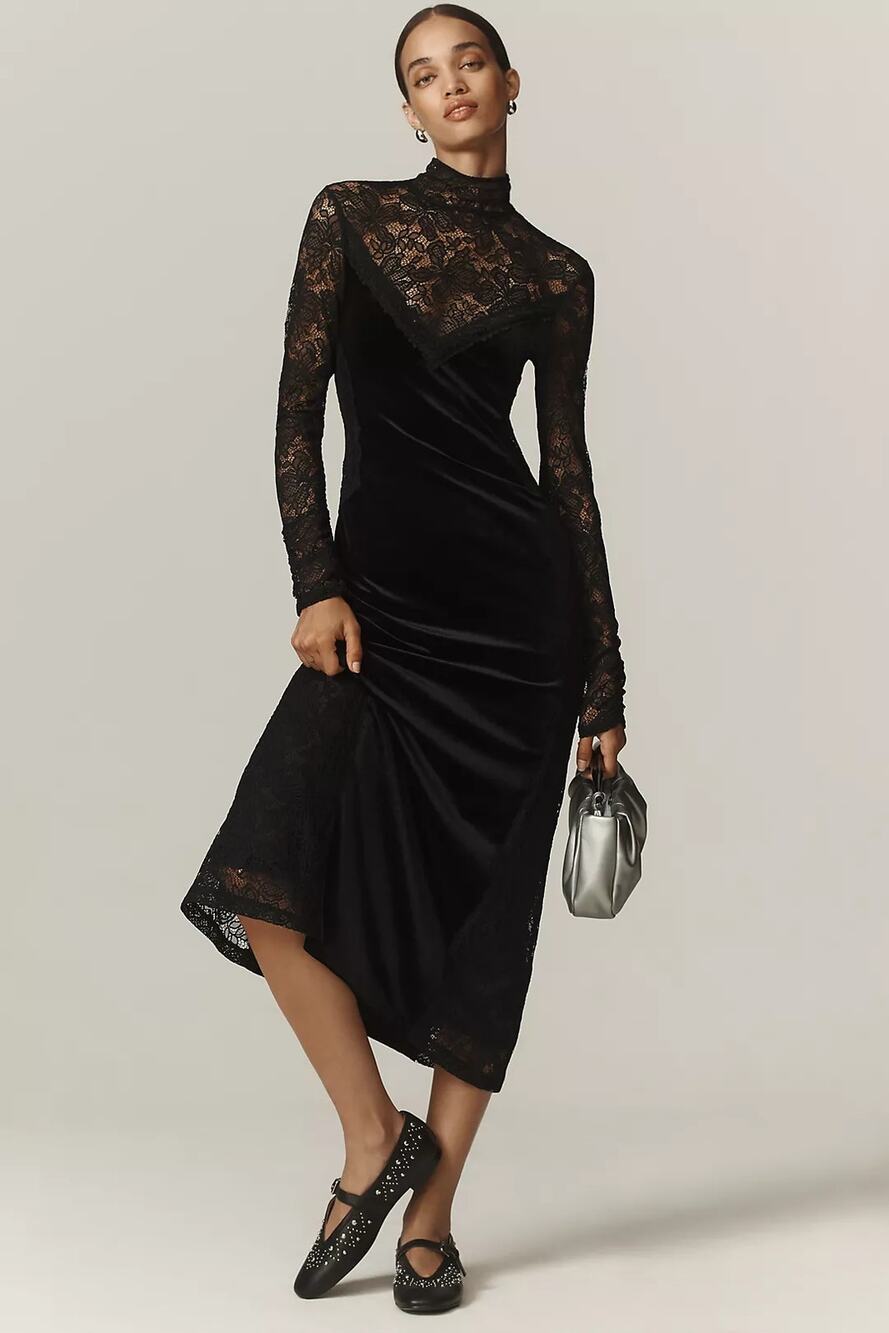 NWT Anthropologie Long-Sleeve Mock-Neck Lace Velvet Slip Midi Dress $170 SMALL